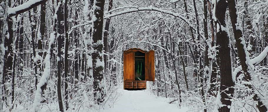 Wardrobe to Narnia in a snowy forest 